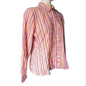 Liz Claiborne bright striped ruffle front button up collared blouse large